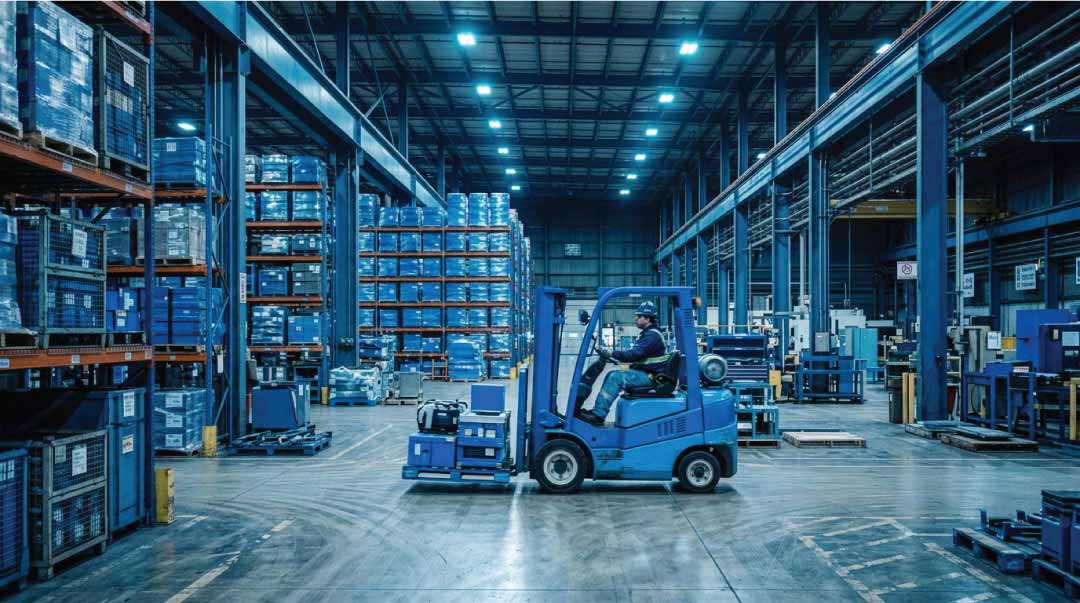 SVS-banner-warehouse-tbc Forklift operator drives a blue forklift between tall shelves full of blue pallets in a large warehouse.
